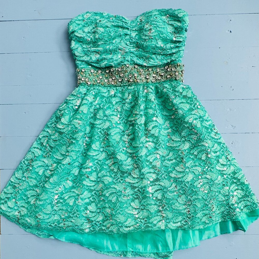 My Michelle Strapless Lace Sequin Homecoming Dress Size 1 Jeweled Waist Aqua